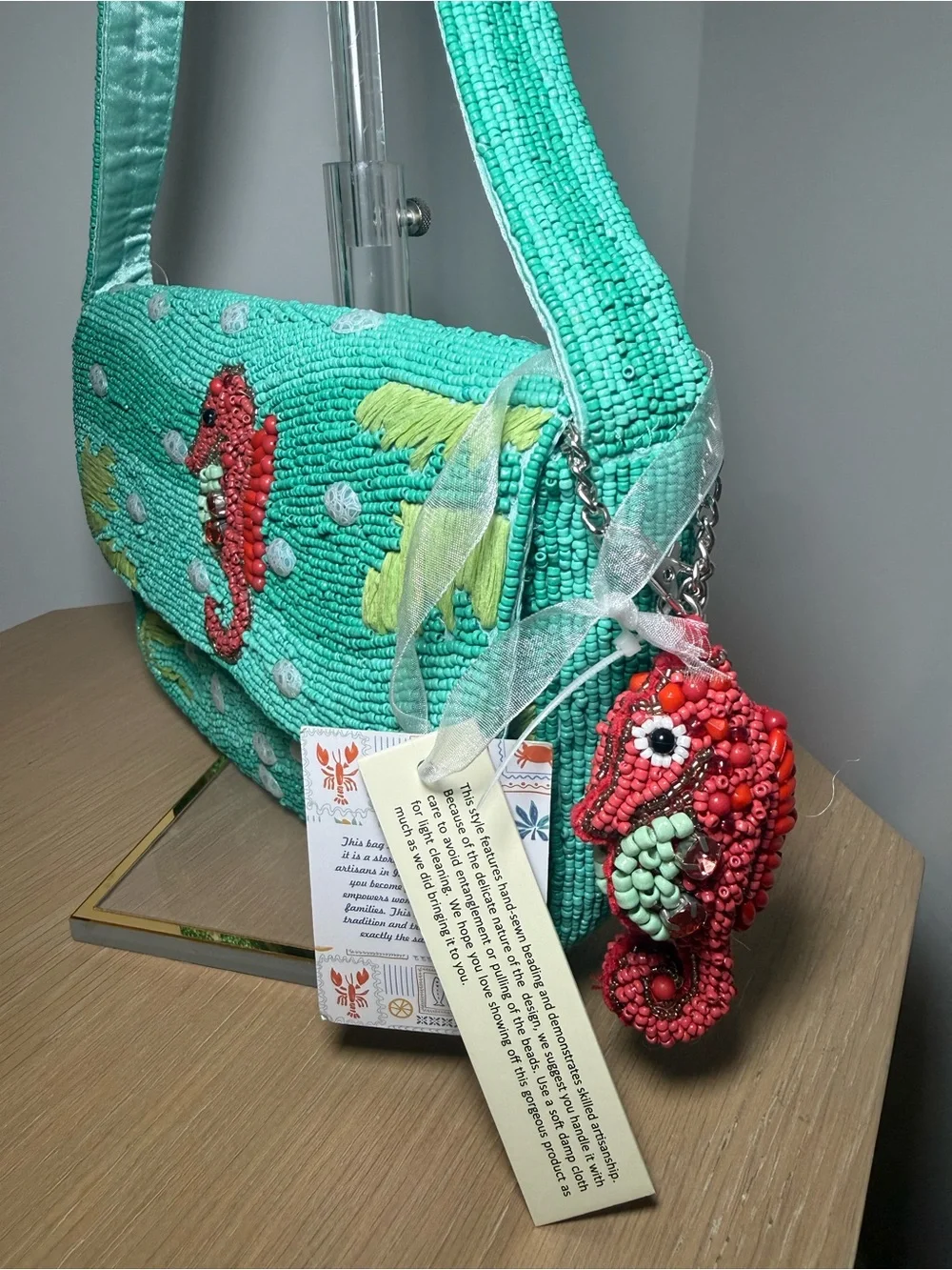 Handcrafted Mint Beaded Seahorse Shoulder Bag